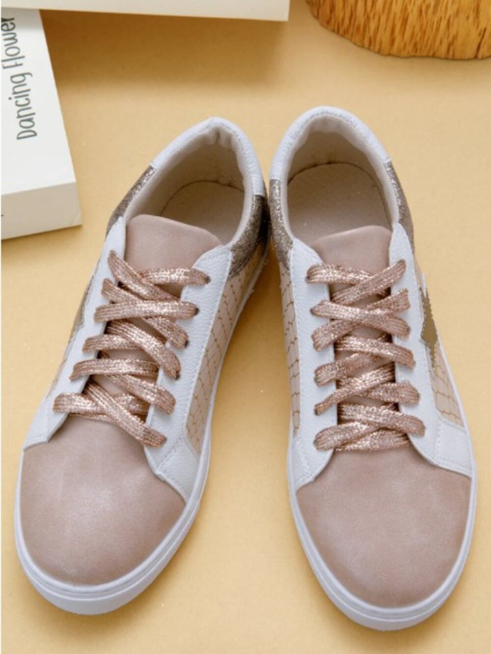 Gold Glitter Star Patchwork Leather Lace-Up Sneakers - Picture 8 of 16